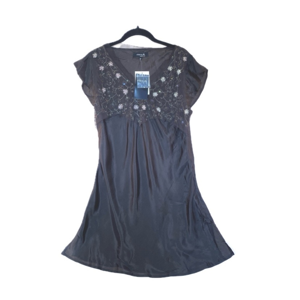 Brown cap sleeve 100% Silk top/dress Size 40/ US 8 Sequin Detail
